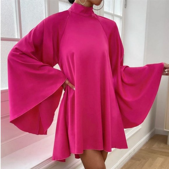 Pink Mock Neck  statement Trumpet Sleeved Backless Mini Dress - Picture 2 of 5